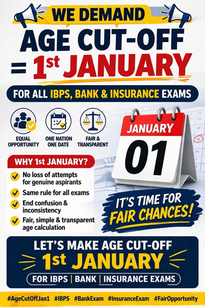 pratik_pan97402's tweet photo. One nation. One recruitment standard. One age cutoff. Fix 1st January as the uniform age cutoff date and provide 2 years age relaxation.
#FixIBPSAgeCutoffTo1stJan #AgeRelaxation #EqualOpportunity https://t.co/I4n7kZnqNO