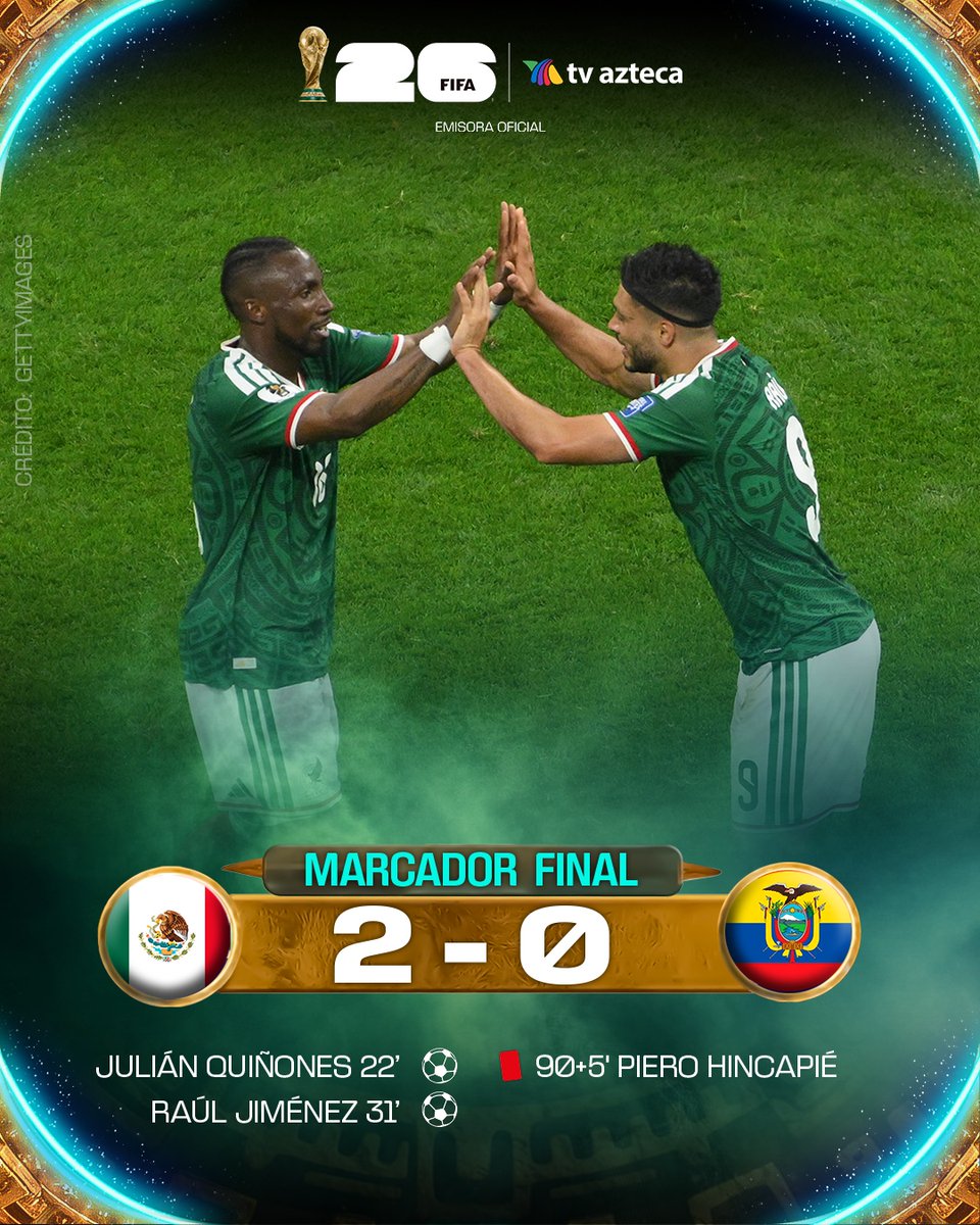 AztecaDeportes's tweet photo. ¡GRÍTALO MÉXICO! 🇲🇽🔥

La Selección Azteca vence a Ecuador y se clasifica a los octavos de final de la Copa Mundial de la FIFA 2026™️.

#ElCanalDelMundial #CopaMundialFIFA #Somos26 #ElMundialXAzteca #MiSelecciónAzteca

🔴 Los MEJORES partidos de la Copa Mundial de la FIFA 2026™️ TOTALMENTE GRATIS en https://t.co/Tg0g9G7eK4 y las APPs de Azteca Deportes y TV Azteca EN VIVO.