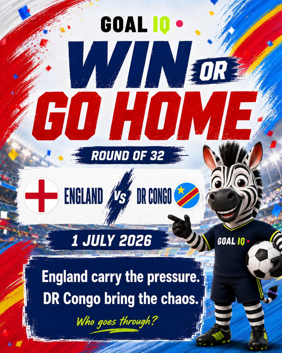 GoalIQ_Official's tweet photo. England vs DR Congo.
England carry the pressure. DR Congo bring the chaos.

Who goes through?
@FIFAWorldCup @England @fecofa_kin
#GoalIQ #WorldCup2026 #RoundOf32 #EnglandVsDRCongo https://t.co/qYaXLHlS3u