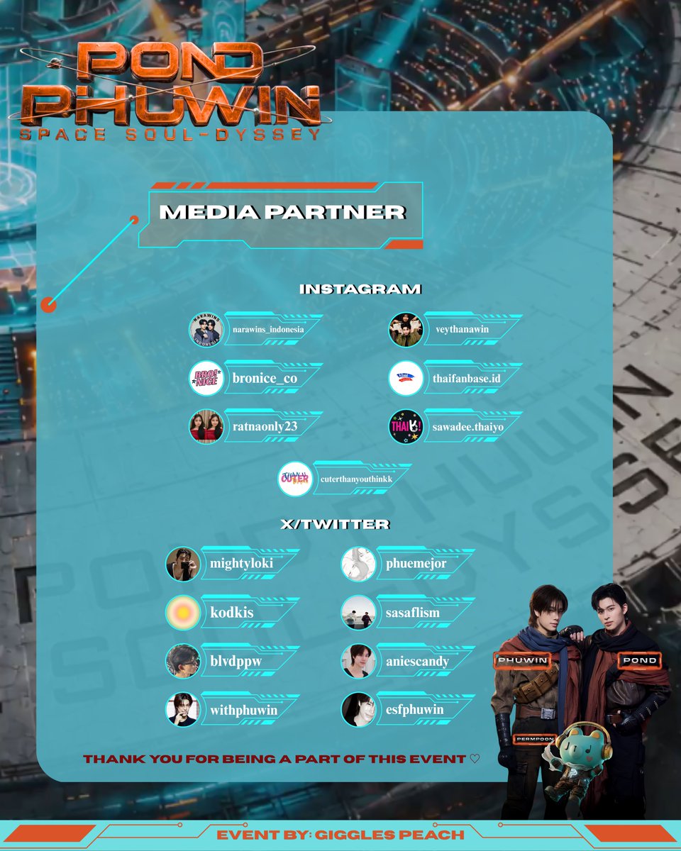 pthaaa27's tweet photo. Special Thanks to:
MEDIA PARTNER:
IG:
@narawins_indonesia
@bronice_co
@ratnaonly23
@veythanawin
@thaifanbase.id
@sawadee.thainyo

X/Twitter:
@mightyloki
@kodkis
@blvdppw
@withphuwin
@phuemejor
@sasaflism
@aniescandy
@ESFP_urin https://t.co/oAgz7bOUhJ