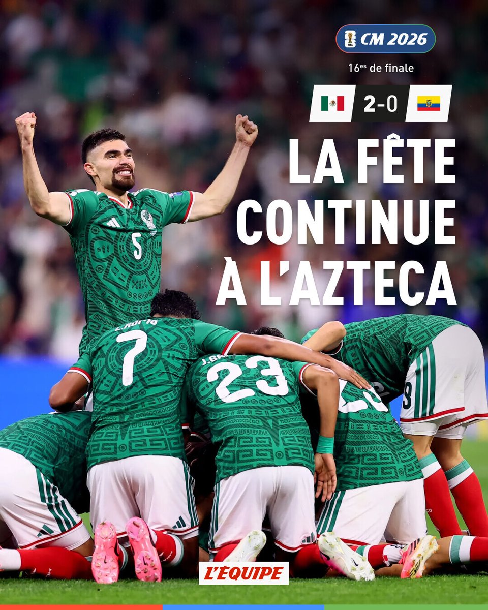 lequipe's tweet photo. Le Mexique écarte l'Équateur et continue son Mondial à Mexico où il affrontera la RD Congo ou l'Angleterre en 8es > https://t.co/1vs9Axn6Zk https://t.co/oAIp5aTGcG