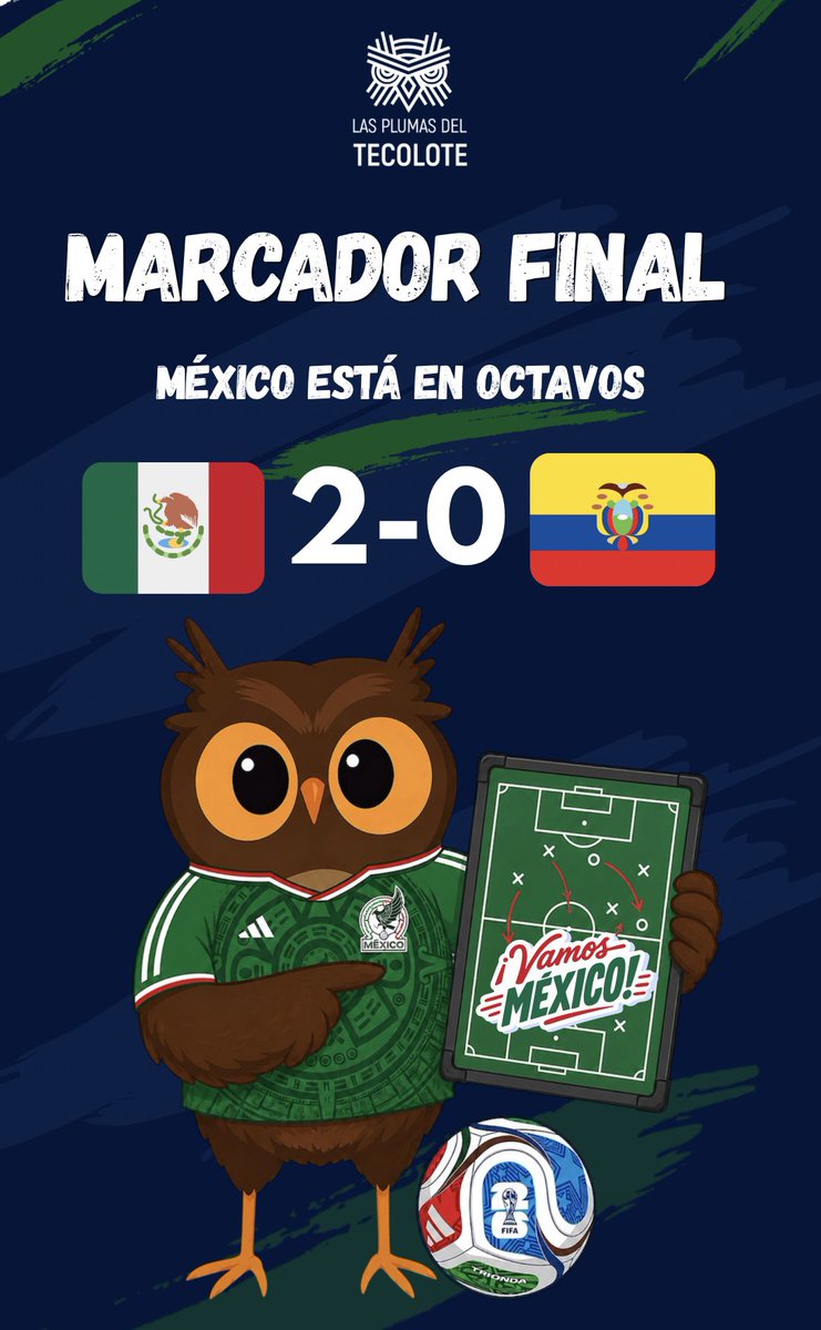 plumastecolote's tweet photo. #YSiSí México avanza dejando atrás a Ecuador  🇪🇨. 
Estamos en octavos de final.⚽️
 #VamosMéxico 
#VivaMéxico https://t.co/TlYDQuGkUH