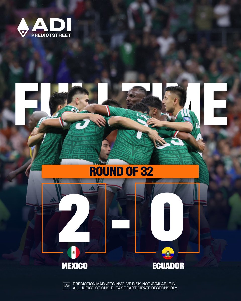Predictstreet's tweet photo. Full-time: 🇲🇽Mexico 2-0 Ecuador🇪🇨.

Mexico dominated the game. Ecuador goes home.

The hosts marched into the Round of 16.

Will they keep this run alive? https://t.co/v1d4W3PLGN