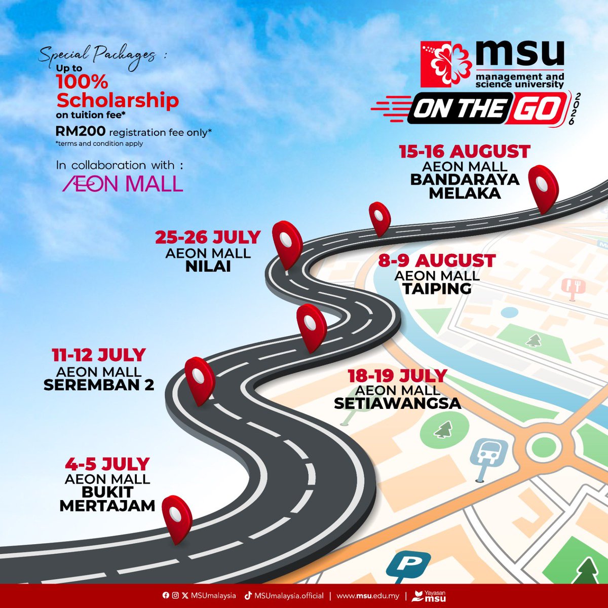 EnrolmentMsu's tweet photo. 🎉 MSU on the Go! is Back This July! 🎉

📍 Check the poster for the venue and dates.

Our friendly team will be there to assist you with:
✅ Programme counselling
✅ Course selection
✅ Applications
✅ Registration
✅ Admission enquiries

We look forward to meeting you! https://t.co/d1PwrHkb7Z
