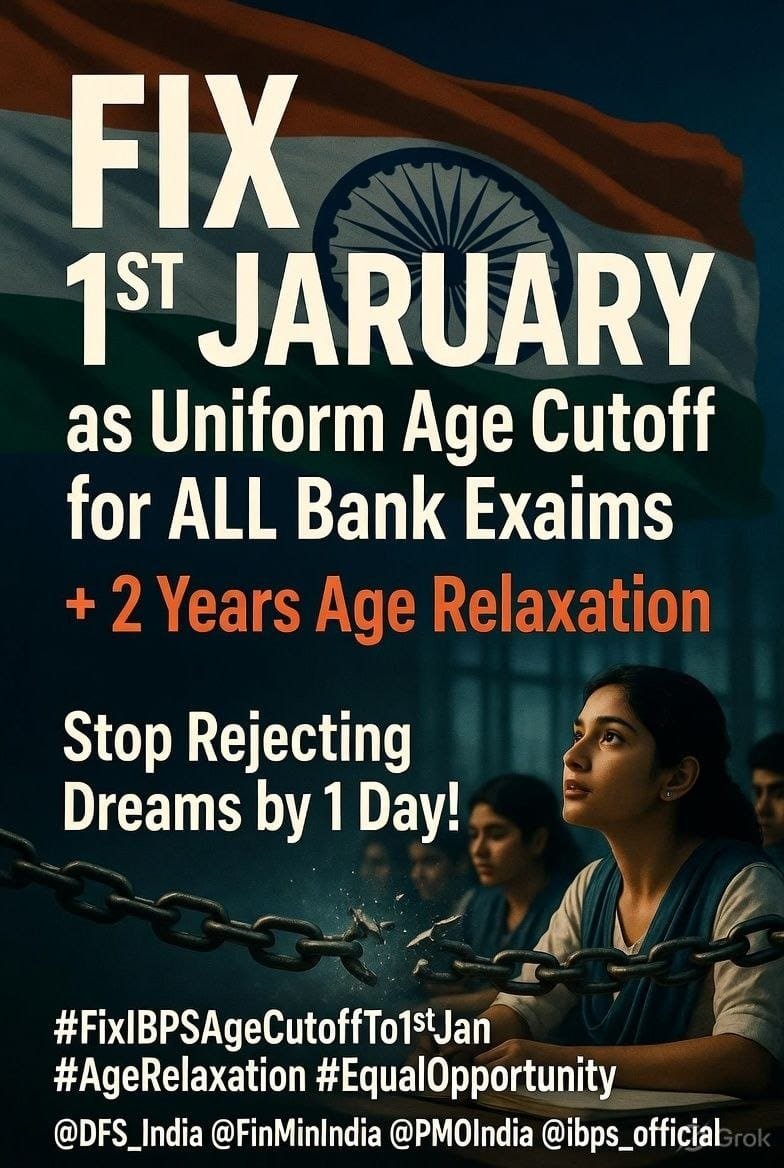 Renu13Reena's tweet photo. A recruitment system is strongest when it treats everyone equally. Adopt a fixed 1st January cutoff date and provide 2 years age relaxation for banking aspirants.
#FixIBPSAgeCutoffTo1stJan #AgeRelaxation #EqualOpportunity https://t.co/lLmEQS2u8e