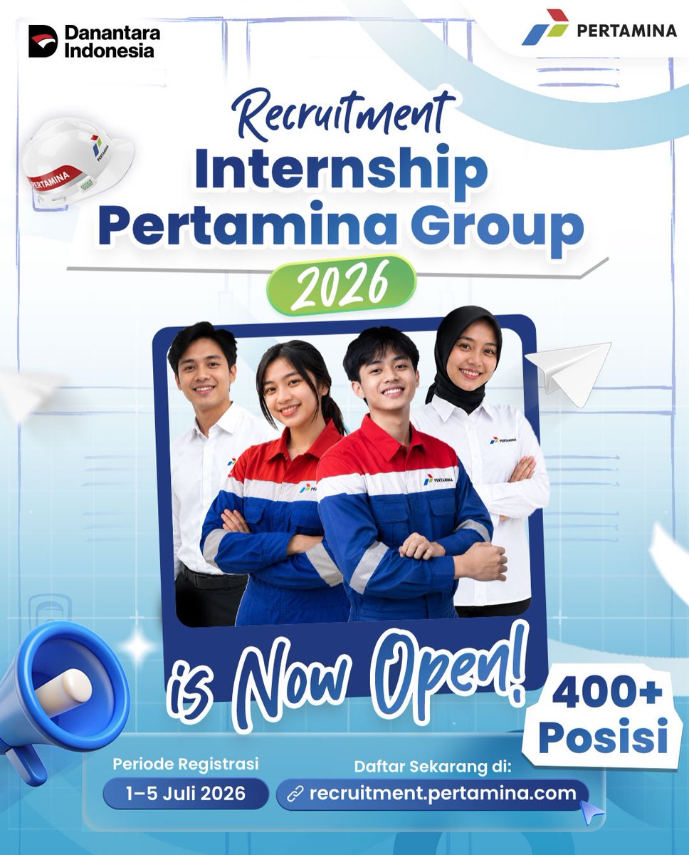 KampusUpdate's tweet photo. 🎉RESMI DIBUKAAAA 🎉
Pendaftaran Internship Pertamina Group Tahun 2026 🥳

WOWW BANGETT 400+ POSISI tersebar di 21+ ENTITAS Pertamina Grup

Inilah saatnya Sobat untuk mengembangkan kemampuan dan menambah pengalaman di dunia profesional bersama Pertamina! 🚀✨

📌 Cara mendaftar:
✨ Buat akun di 🔗https://t.co/V2PaHV3fSE
✨ Lengkapi data diri hingga 100%
✨ Buka menu Lowongan Kerja
✨ Pilih Internship dan lamar posisi yang paling sesuai dengan keinginanmu

Periode pendaftaran : 1 - 5 Juli 2026

Jangan ditunda-tunda, karena kesempatan terbaik gak bisa nanti-nanti 🤫

👉 Daftar sekarang dan wujudkan pengalaman Internship impianmu bersama Pertamina!

Kalau sudah berhasil daftar, langsung bisikin donk daftar di entitas mana dan fungsi apaa? 👇😆