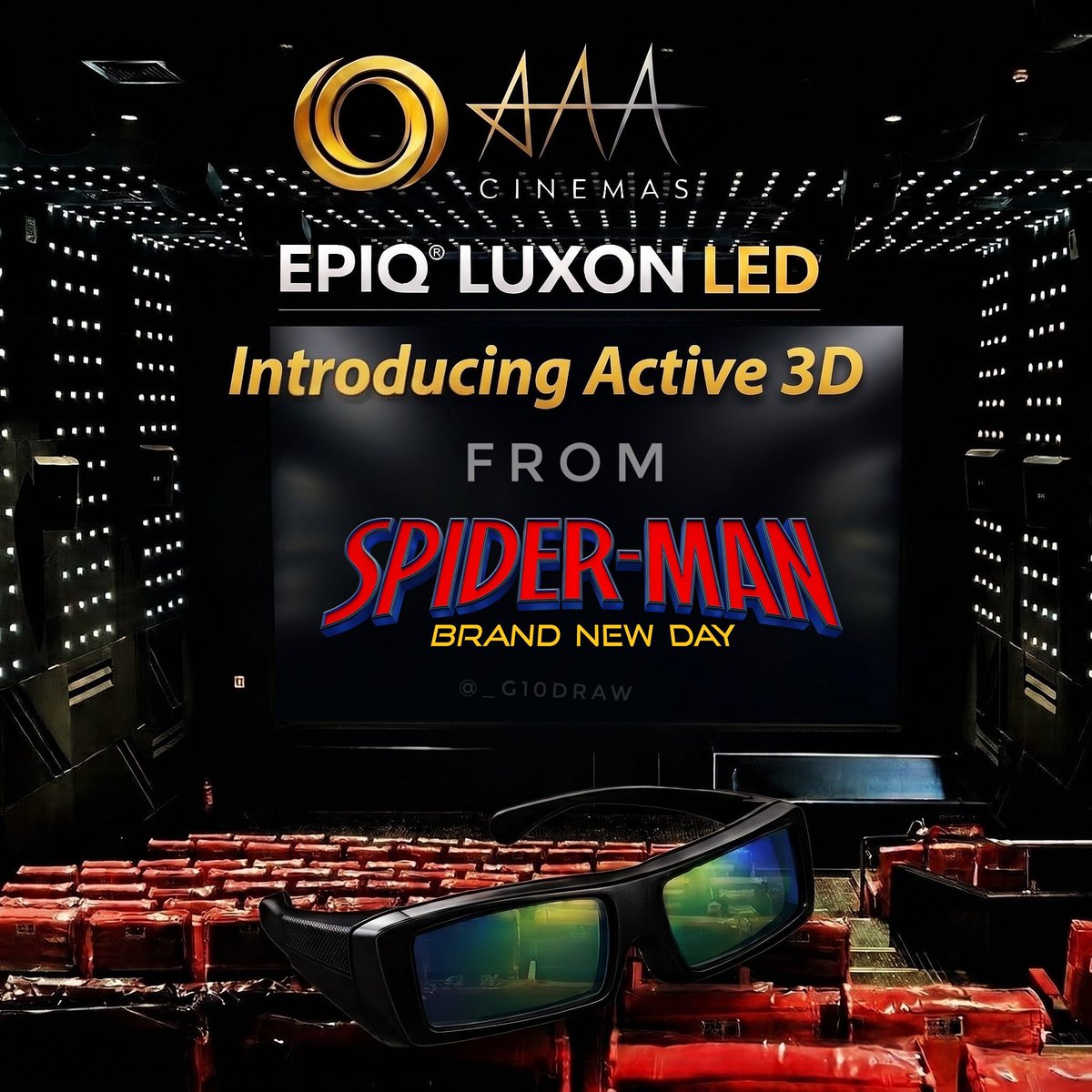 _g10draw's tweet photo. 🎬 AAA Cinemas - EPIQ Luxon LED  
😎 Introducing Active 3D from Spider‑Man: Brand New Day  

💡 Why it’s special:  
Active 3D on LED delivers next‑gen immersion with brighter highlights, sharper depth, and more dynamic contrast than traditional projection. Spider‑Man swings into a whole new dimension on the Luxon LED screen!  

#AAACinemas #EPIQLuxonLED #Active3D #SpiderManBrandNewDay #CineTribe #CineMaha