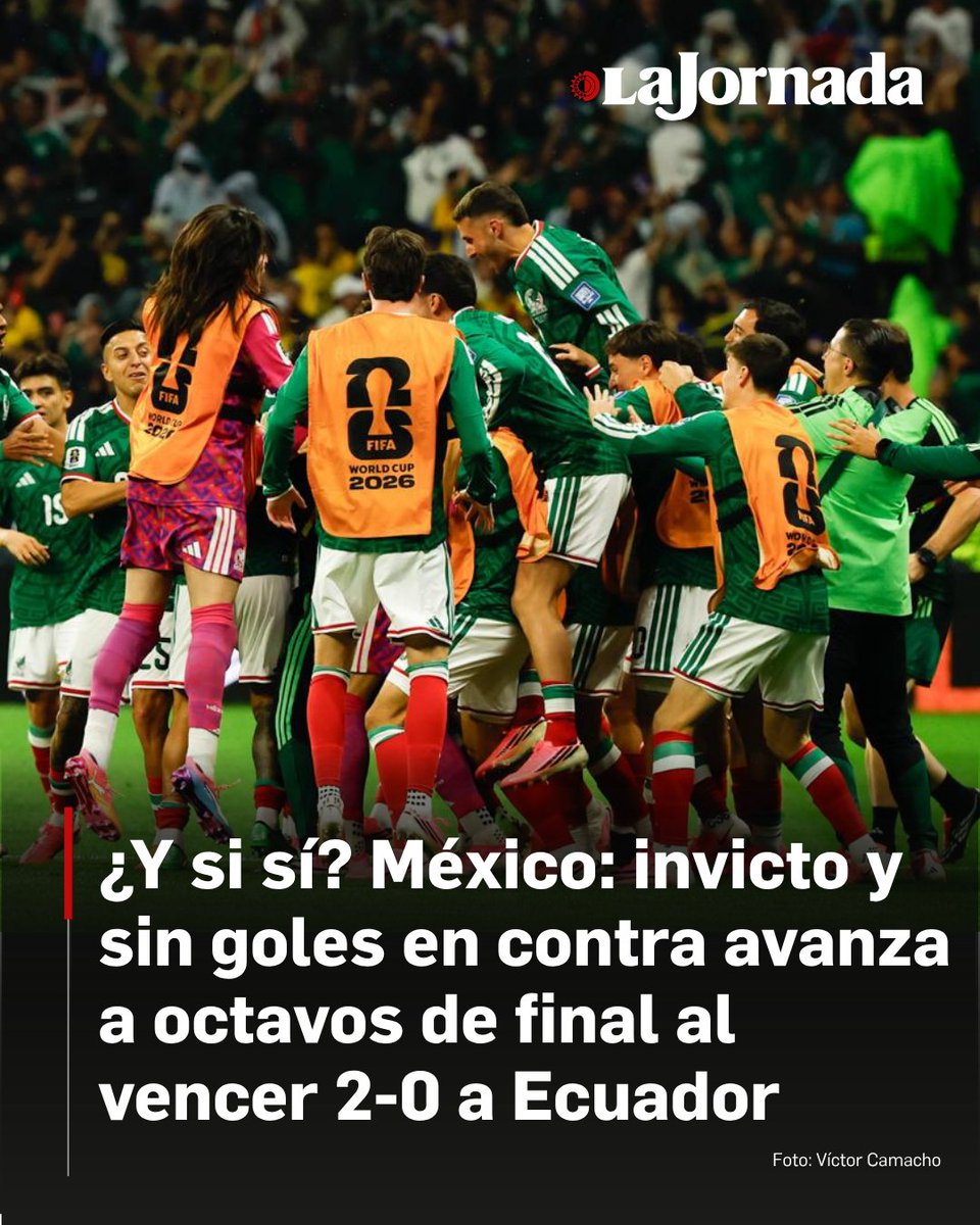 lajornadaonline's tweet photo. La Selección Mexicana vence a Ecuador 2-0 de su duelo de dieciseisavos de final en la Copa del Mundo 2026.

Con gol de Julián Quiñones al minuto 22 y de Raúl Jiménez al 31, el Tri se fue al frente en el marcador ante el júbilo de más de 80 mil aficionados que se dieron cita en un pletórico estadio Ciudad de México.

Nota: https://t.co/O4DOOsJAxW