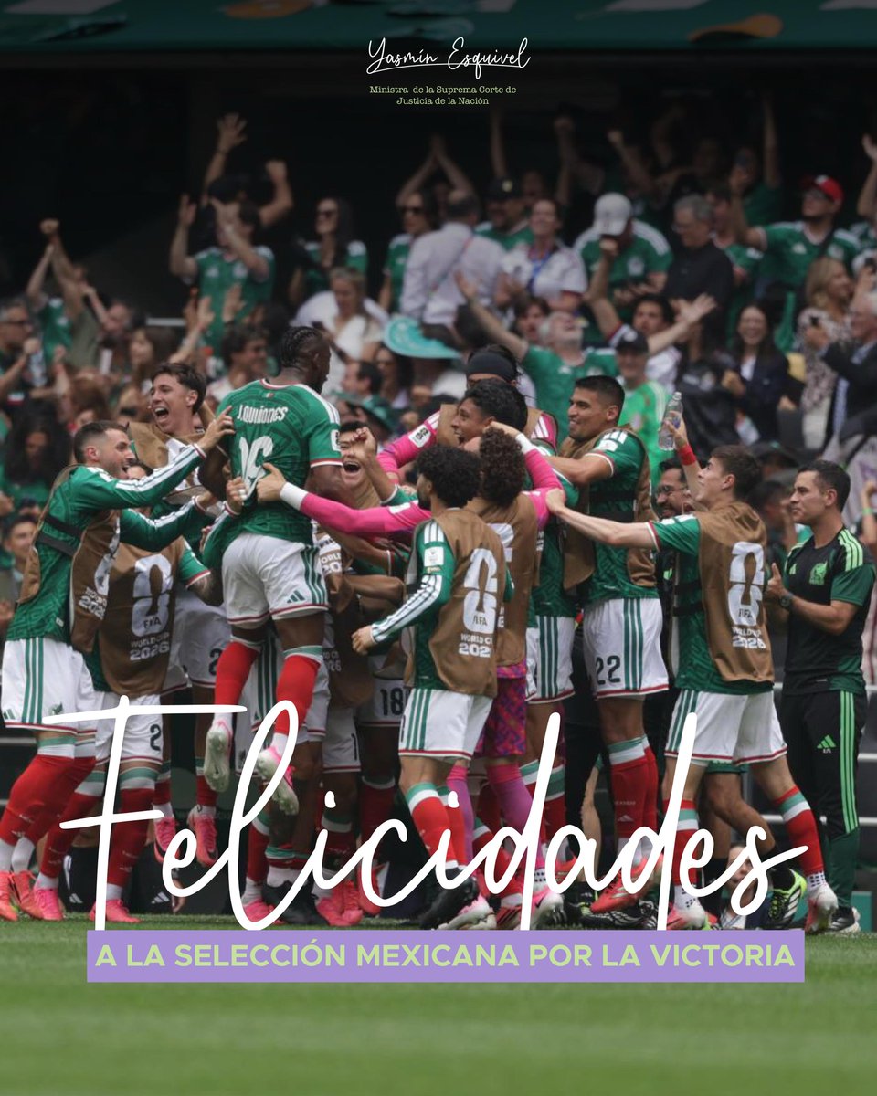 YasminEsquivel_'s tweet photo. ¡Felicidades a nuestra Selección Mexicana por esta gran victoria!

Más allá del resultado, el deporte tiene la capacidad de unirnos, despertar nuestro orgullo y recordarnos que, cuando trabajamos con esfuerzo, disciplina y en equipo, somos capaces de alcanzar grandes metas.

¡Enhorabuena por este importante triunfo!

#MinistraYasmínEsquivel #SomosMéxico