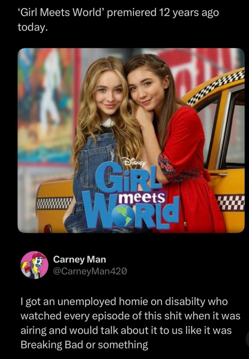 Cinema_Loco's tweet photo. This is some unemployed homie type stuff 😂

#cinemaloco #FilmTwitter #FilmX #boymeetsworld #girlmeetsworld #sabrinacarpenter #disney #tv #tvshow #tvshows #tvseries #sitcom #breakingbad #meme #memes #comedy #humor #funny #memepage #memesdaily #dailymemes #memesfunny #funnymemes https://t.co/AWn4BTRHCE