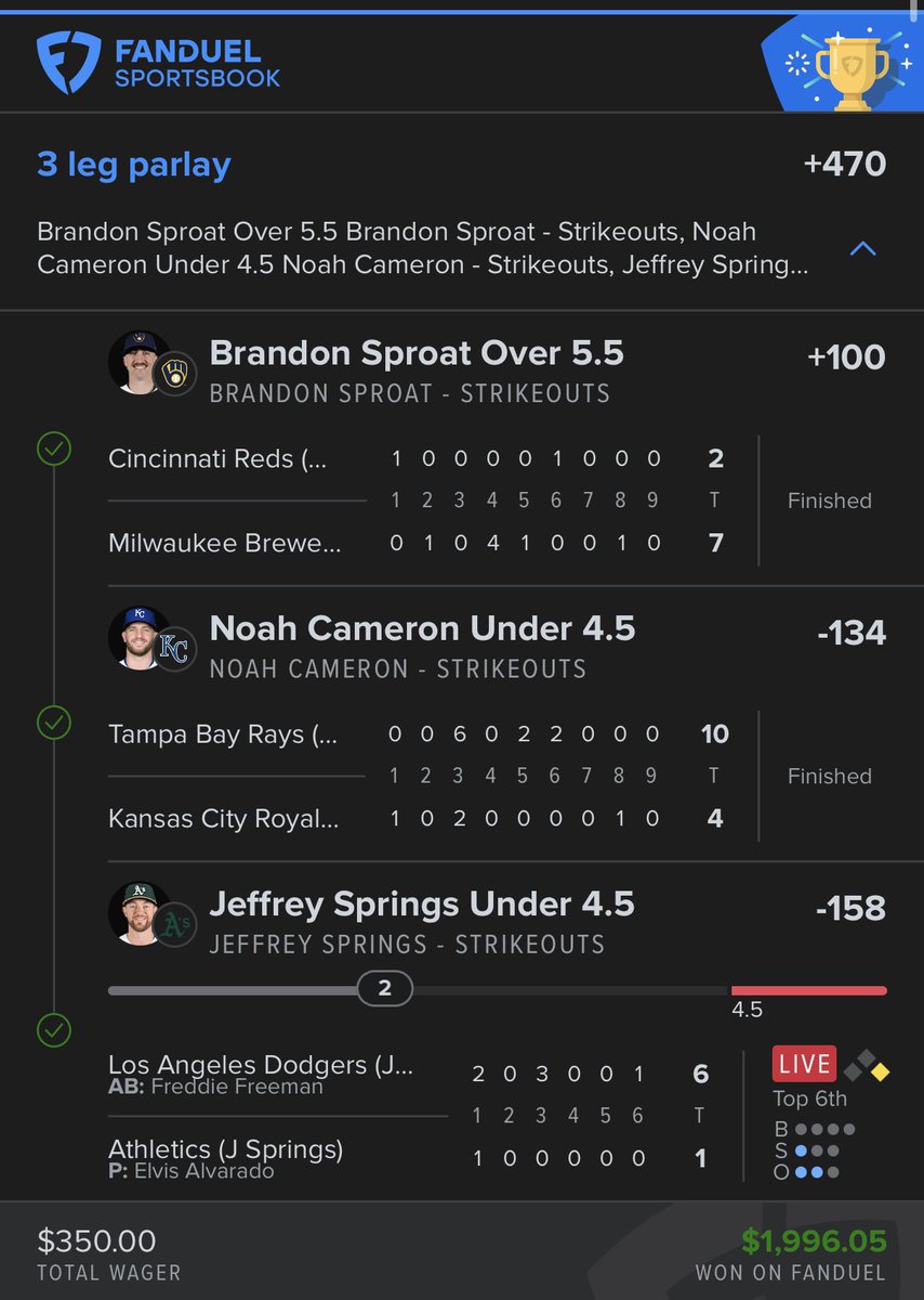 Dutch4public's tweet photo. What a fun game ✅

The strikeout run continues…

✅ Brandon Sproat Over 5.5
✅ Noah Cameron Under 4.5
✅ Jeffrey Springs Under 4.5

Need a win? ➡️ Click the Link for more  Secured winning picks  in my Comment

#MLB #fanduel #draftkings  #GamblingX #GamblingTwitter https://t.co/8vtbRysdQU