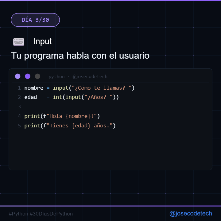 josecodetech's tweet photo. ⌨️ Día 3/30 — input() en Python
Con input() tu programa deja de ser pasivo:
¡le pregunta cosas al usuario!
⚠️ Ojo importante:
input() SIEMPRE devuelve texto.
Si quieres un número, usa int() o float().
Reto: crea un programa que pida tu nombre y te salude.
#Python #AprendePython https://t.co/ecCdIQS3dB