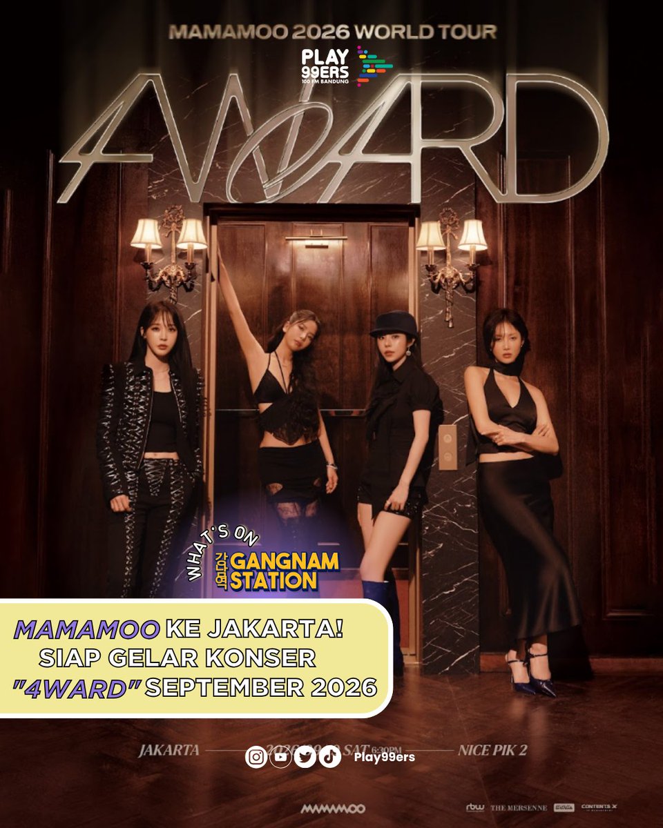Play99ers's tweet photo. Setelah penantian panjang, MAMAMOO akhirnya akan menyapa penggemar Indonesia lewat ✨MAMAMOO 2026 WORLD TOUR <4WARD>!✨
📍 NICE PIK 2, Jakarta
📅 19 September 2026
🕡 18.30 WIB

🎟️ Tiket mulai dijual pada 17 Juli 2026 pukul 10.00 WIB melalui FASTicket.

For more info: @withusind https://t.co/ibZZBWkgb0