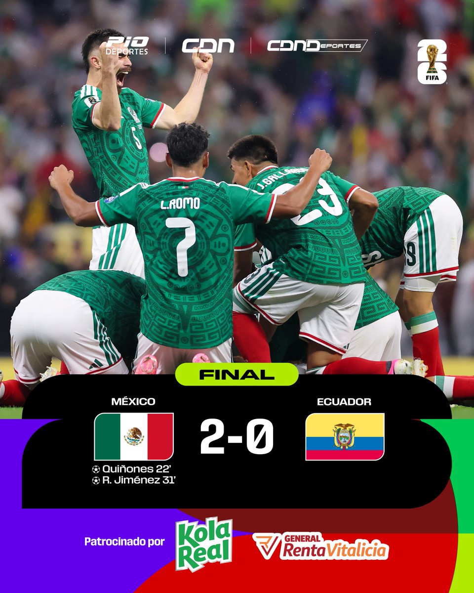 piodeportes's tweet photo. 🇲🇽🔥 ¡El Azteca volvió a rugir con fuerza!

🇲🇽 México derrotó 2-0 a 🇪🇨 Ecuador con una actuación sólida para asegurar su boleto a los octavos de final del Mundial 2026. Los goles de Julián Quiñones y Raúl Jiménez marcaron el camino de una victoria que desató la euforia de toda la afición mexicana.

🏆 El Tri sigue firme en casa y mantiene vivo el sueño de conquistar la Copa del Mundo.

#PioDeportes #FIFAWorldCup #CDN #CDNDeportes
