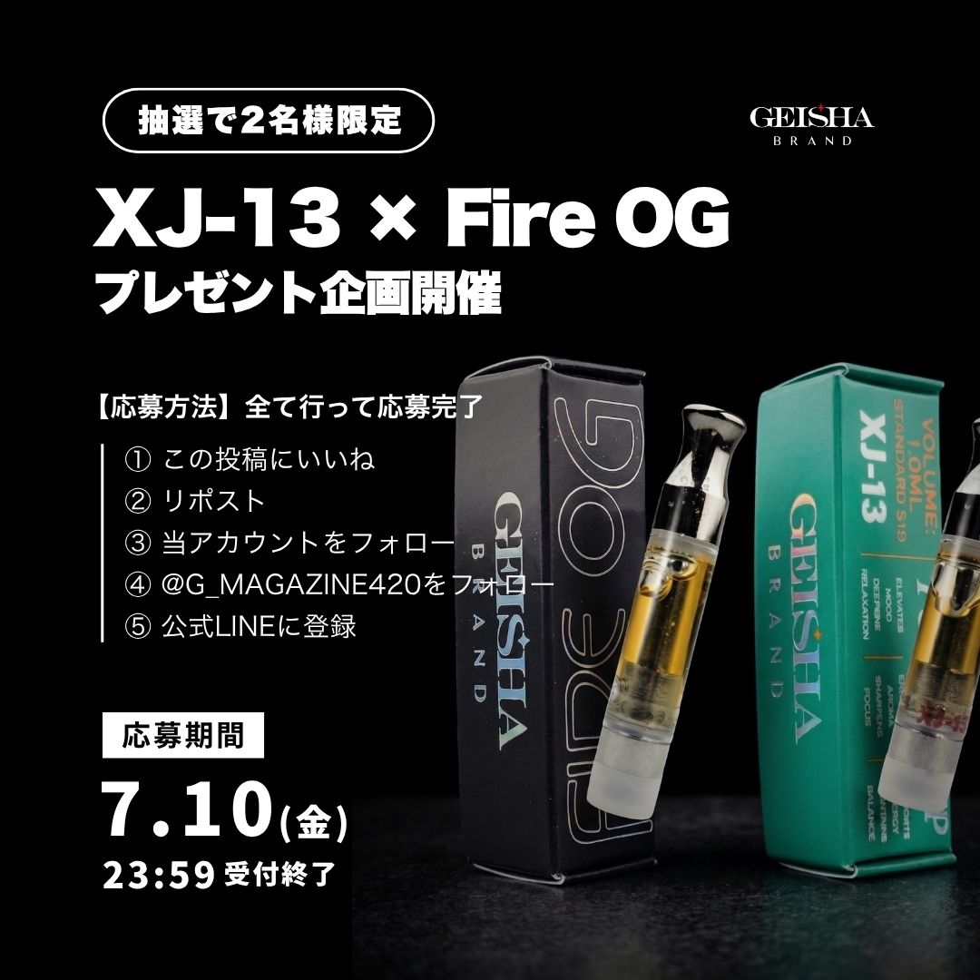 GEISHABRAND's tweet photo. 🎁 GEISHA プレゼントキャンペーン 🎁

大人気の
🔥 XJ-13
🔥 FIRE OG
を抽選で【2名様】にプレゼント！

▼ 応募方法（リプ欄へ記載↓↓↓）

#GEISHA #CBD #プレゼント企画 https://t.co/mLv2koXZcc