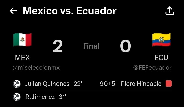 DSINSports's tweet photo. Mexico 🇲🇽  has beaten Ecuador 🇪🇨 2 - 0 at the Azteca to reach the round of 16 

Mexico 🇲🇽 2 - 0 Ecuador 🇪🇨 

#MexicoDaVergüenza 
#Mexico 
#WorldCup 
#MEXvsECU https://t.co/SOk9WkA7Ah
