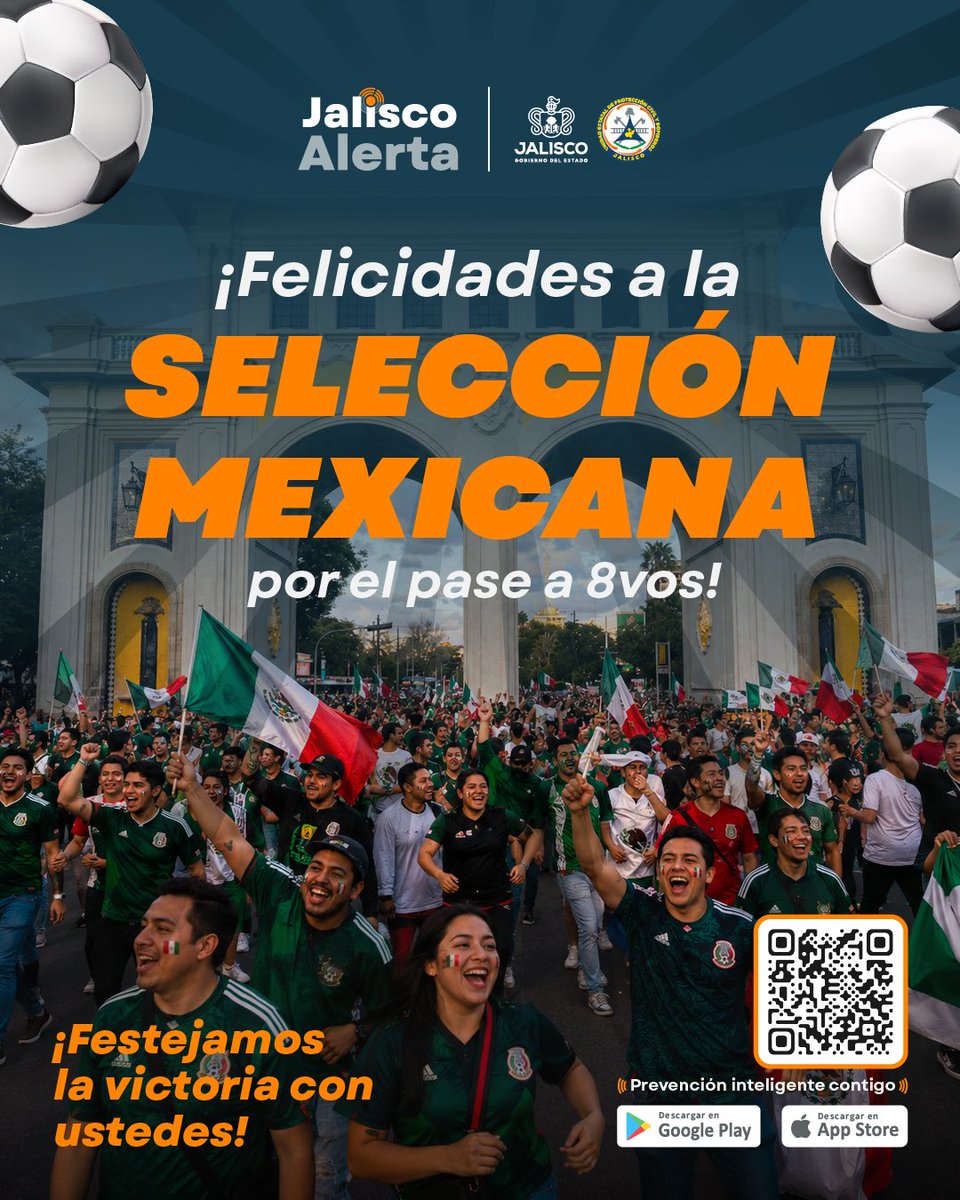 jaliscoalerta_'s tweet photo. 🇲🇽⚽🔥 ¡México hace historia y avanza a octavos de final!

Esta alegría se vive en cada rincón del país. 🙌

Si sales a festejar, hazlo con responsabilidad y mantente atento a la información oficial y recomendaciones a través de Jalisco Alerta.

Porque celebrar también es cuidar a lo que más quieres. 

#México #SeleccionMexicana #JaliscoAlerta #Mundial2026 #OrgulloMexicano #VamosMexico