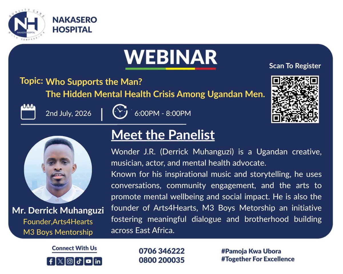 NakaseroHosp's tweet photo. #MeetThePanelist
Wonder J.R. (Derrick Muhanguzi), Creative, Musician, Actor & Mental Health Advocate.
Speaking on the realities men face in silence, the role of community and meaningful conversations, and why creating spaces for connection and support matters in line with the topic:
“Who supports the man? The hidden mental health crisis among Ugandan men.”
Join us by securing your spot here:
Register Now: https://t.co/1WomAf0EpG
#Webinar #PamojaKwaUbora #TogetherForExcellence #MentalHealthAwareness