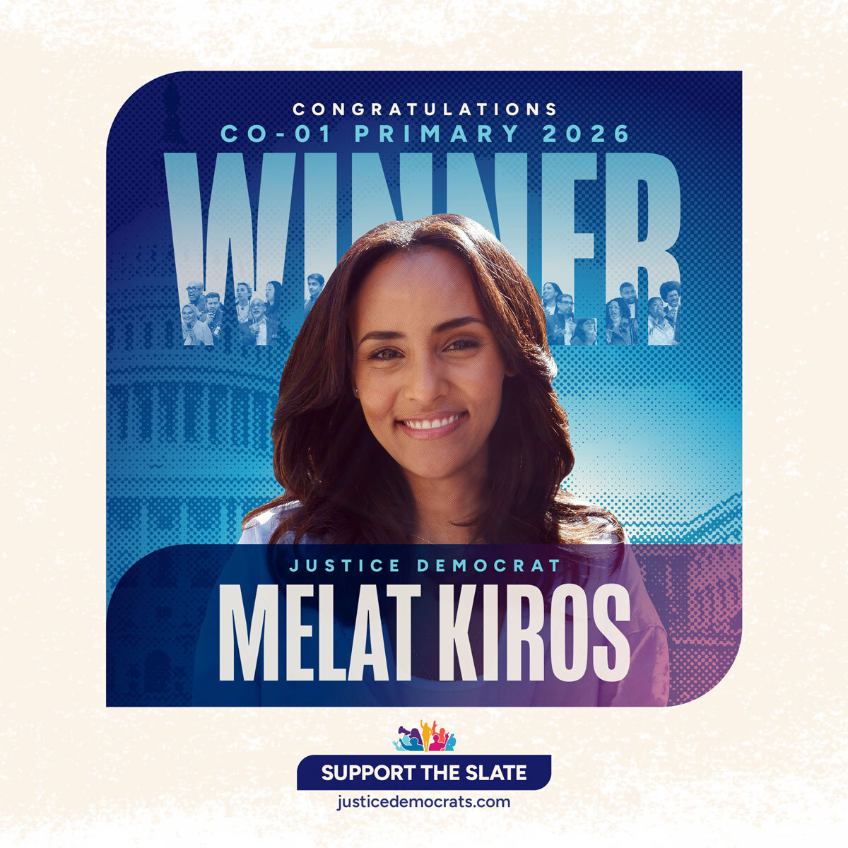 justicedems's tweet photo. Congrats to Justice Democrat @MelatKirosCO on defeating a 30-year incumbent in #CO01 tonight!

Melat built a movement that inspired Denverites to remember they have the power to transform what kind of Party they want to be represented by.

They chose one for &amp; by the people. https://t.co/UeRp8skmdG