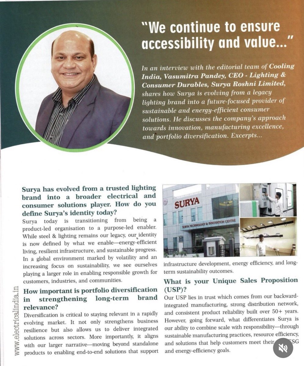 pandeyvasu's tweet photo. Delighted to share my conversation with Cooling India.

Our commitment is clear- making lighting more accessible, reliable and sustainable through innovation, quality and customer trust.

Together, we are building a brighter, greener future.

#LightingForAll #Sustainability #Innovation 

@surya_roshni