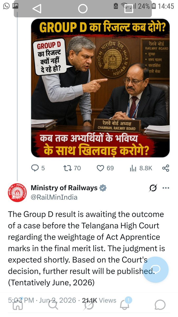 Godlion96's tweet photo. We wants Justice for railway students. 
Declare the CBT results of RRB CEN No. 08/2024 Now. 
#RAILWAY_GROUPD_RESULT_DO
@RailMinIndia @AshwiniVaishnaw @PiyushGoyal @narendramodi @PMOIndia @RRBKOLKATA @rrbchandigarh @JagranNews @DainikBhaskar @AmarUjalaNews https://t.co/Iv9kjJgqtF