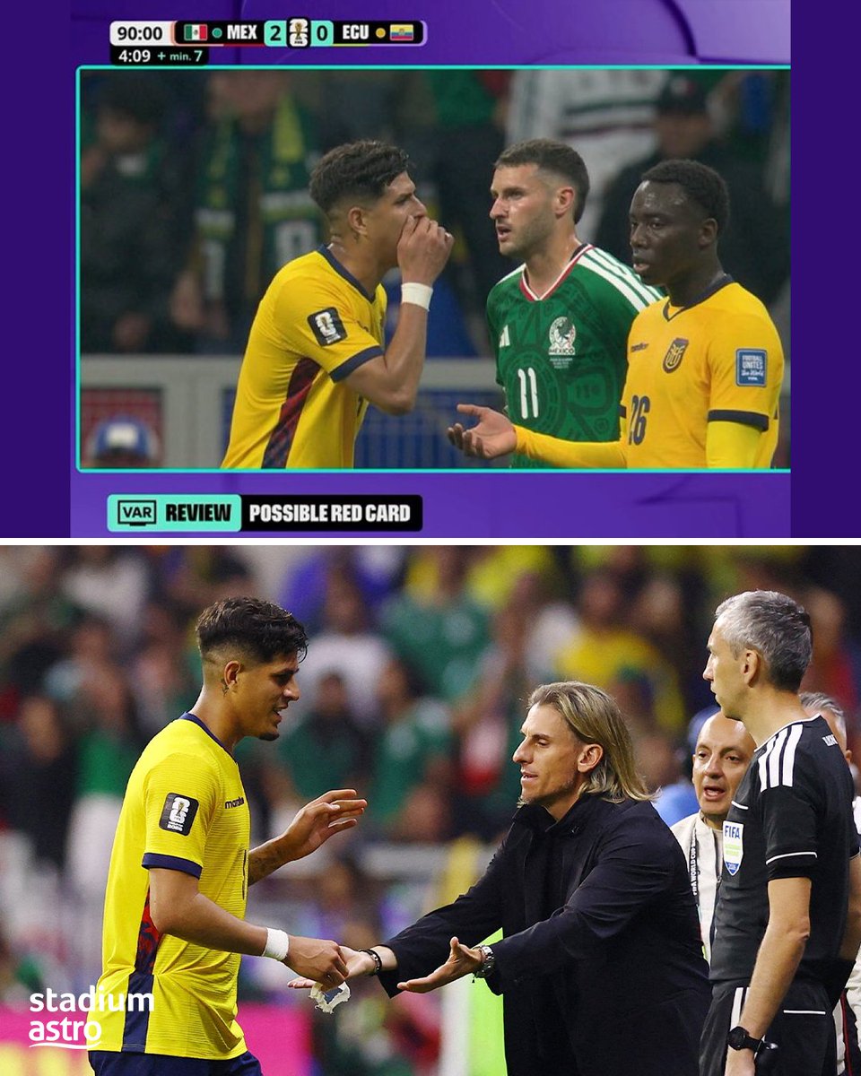 stadiumastro's tweet photo. 🚨 A World Cup rule that keeps catching players out.

Piero Hincapié has been shown a straight red card after covering his mouth while speaking to an opponent, with the Prestianni Rule enforced for just the second time at this FIFA World Cup. 😳

#WC2026 https://t.co/TVCAgb6KUp