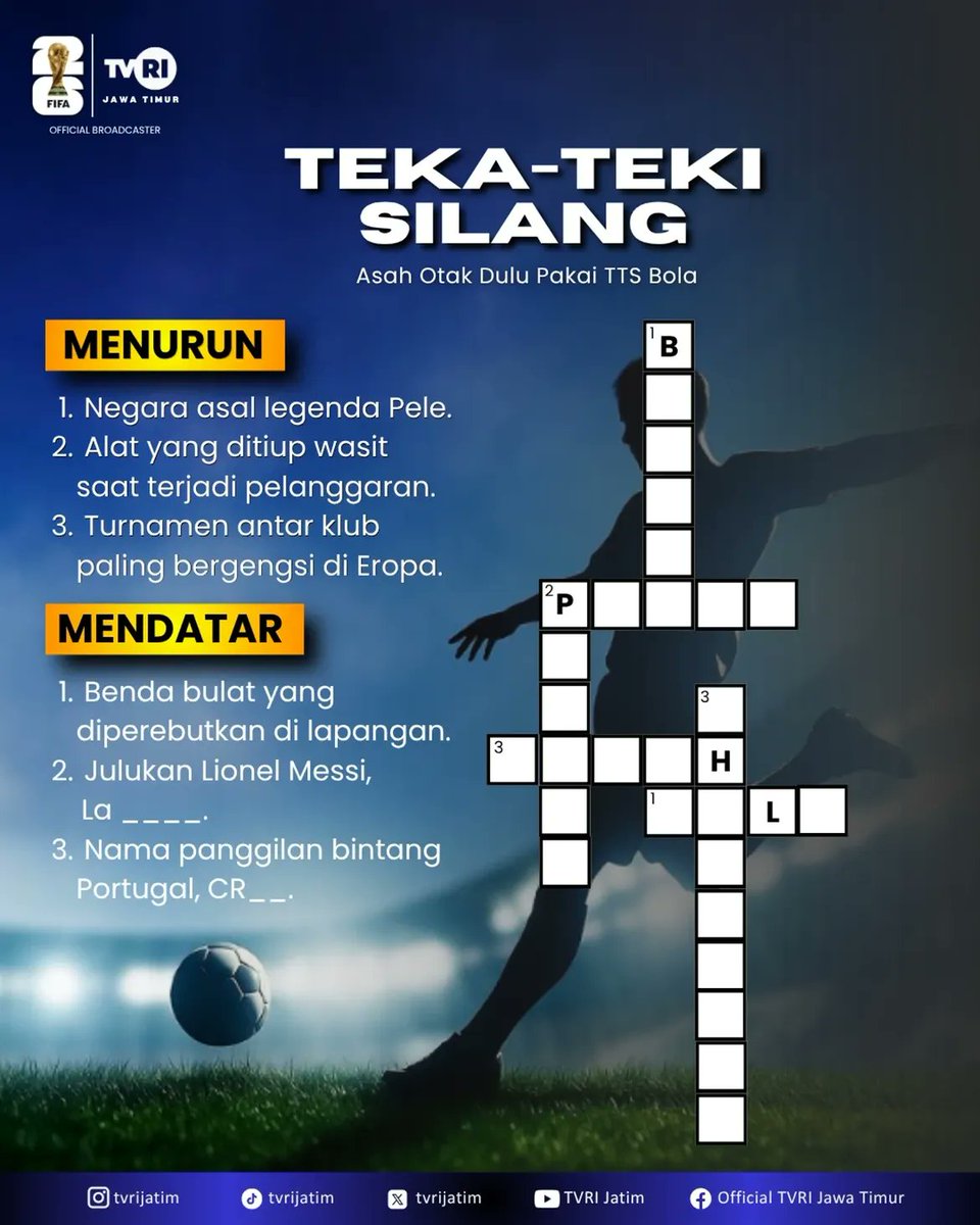 TVRIJatim's tweet photo. SI PALING TAHU BOLA MANA SUARANYA? 🗣️
Ayo, lengkapi kotak-kotak kosongnya dan pamerkan skor kamu di bawah! Jangan mau kalah sama teman-temanmu yang lain!
#tvrijatim #quizbola #tts #sepakbolaindonesia #pecintabola https://t.co/bKbaulRSbZ