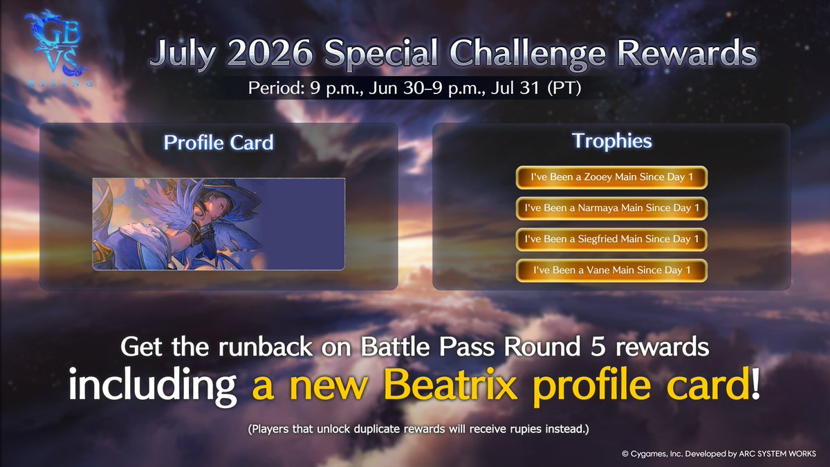 gbvs_official's tweet photo. New special challenge rewards are here!

Complete the in-game challenges by 9 p.m., Jul 31 (PT) to claim a brand-new profile card featuring Beatrix—in addition to runback rewards from Battle Pass Round 5! ✨

#GBVSR https://t.co/vHmn7rvYTk