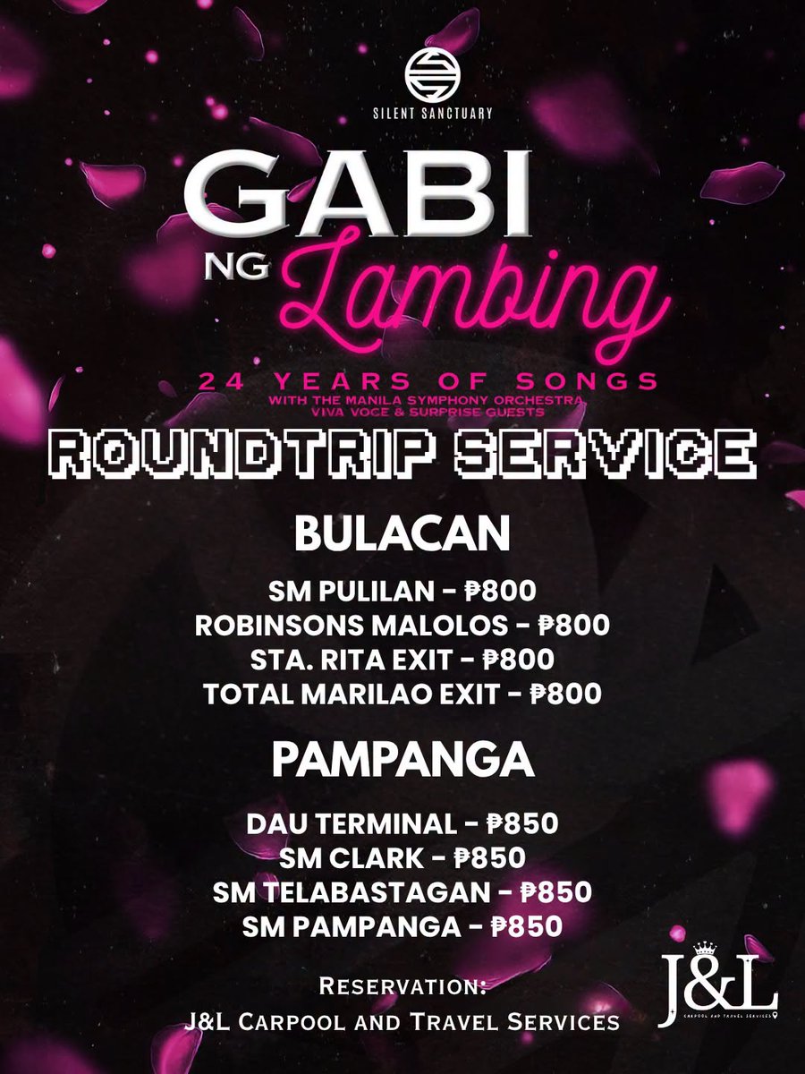 jandlcarpool's tweet photo. Carpool ~ roundtrip service for #SilentSanctuary  is ongoing!  🎤

Silent Sanctuary: Gabi ng Lambing

📍 SM Mall of Asia Arena
📅 October 25, 2026

BOOK HERE: https://t.co/QAkkMxvZrL

Metro Manila Rizal Bulacan Pampanga
#SilentSanctuary #24YearsOfSongs https://t.co/N2xKF6LFLG