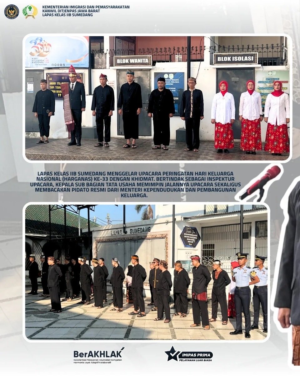 lapas_sumedang's tweet photo. MERAWAT IKATAN, MENUMBUHKAN HARAPAN 

Sumedang - Lapas Kelas IIB Sumedang menggelar Upacara Peringatan Hari Keluarga Nasional (Harganas) ke-33 dengan khidmat. 

#kemenimipas
#guardandguide
#ditjenpas
#kanwilditjenpasjabar
#lapassumedang
#pemasyarakatan https://t.co/WvxeNQI5RM