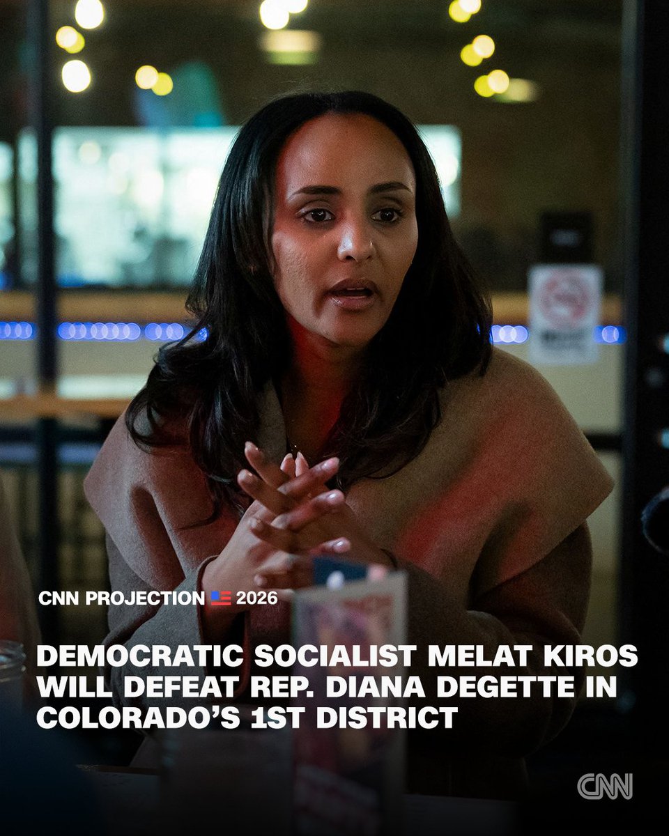CNNPolitics's tweet photo. Melat Kiros, a 29-year-old democratic socialist, will defeat Rep. Diana DeGette, an incumbent of nearly three decades, in the Democratic primary for Colorado's 1st District, CNN's Decision Desk Projects. See results from Colorado's primaries: https://t.co/cZEdTqfET6 https://t.co/bGI4tr1Qsy
