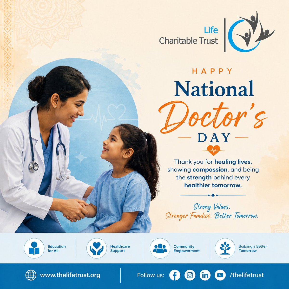 life_charitable's tweet photo. On this National Doctor's Day, we express our heartfelt gratitude to all doctors for their dedication, compassion, and tireless service in protecting lives. Thank you for being our everyday heroes. 💙👩‍⚕️👨‍⚕️

#NationalDoctorsDay #DoctorsDay #ThankYouDoctors #HealthcareHeroes https://t.co/zu6TcMqJkg