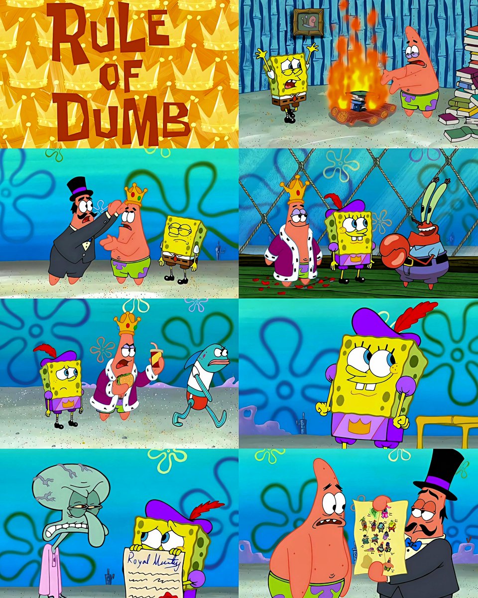 cartoonvibes26's tweet photo. SpongeBob SquarePants - Rule of Dumb 🤩

A starfish from the Royal Ministry comes to visit Patrick for a special delivery, but Patrick initially mistakes him for a mad librarian and hides. When the starfish announces he has a gift for Patrick, which is a crown, Patrick dashes out of SpongeBob's house and grabs his gift with a naive perception of its concept. The starfish explains it is an item to wear, not to eat. Patrick is pleased when he gets the shiny crown. The starfish explains that he had uncovered a family tree showing Patrick to be descended from a king, thus making him the official king.