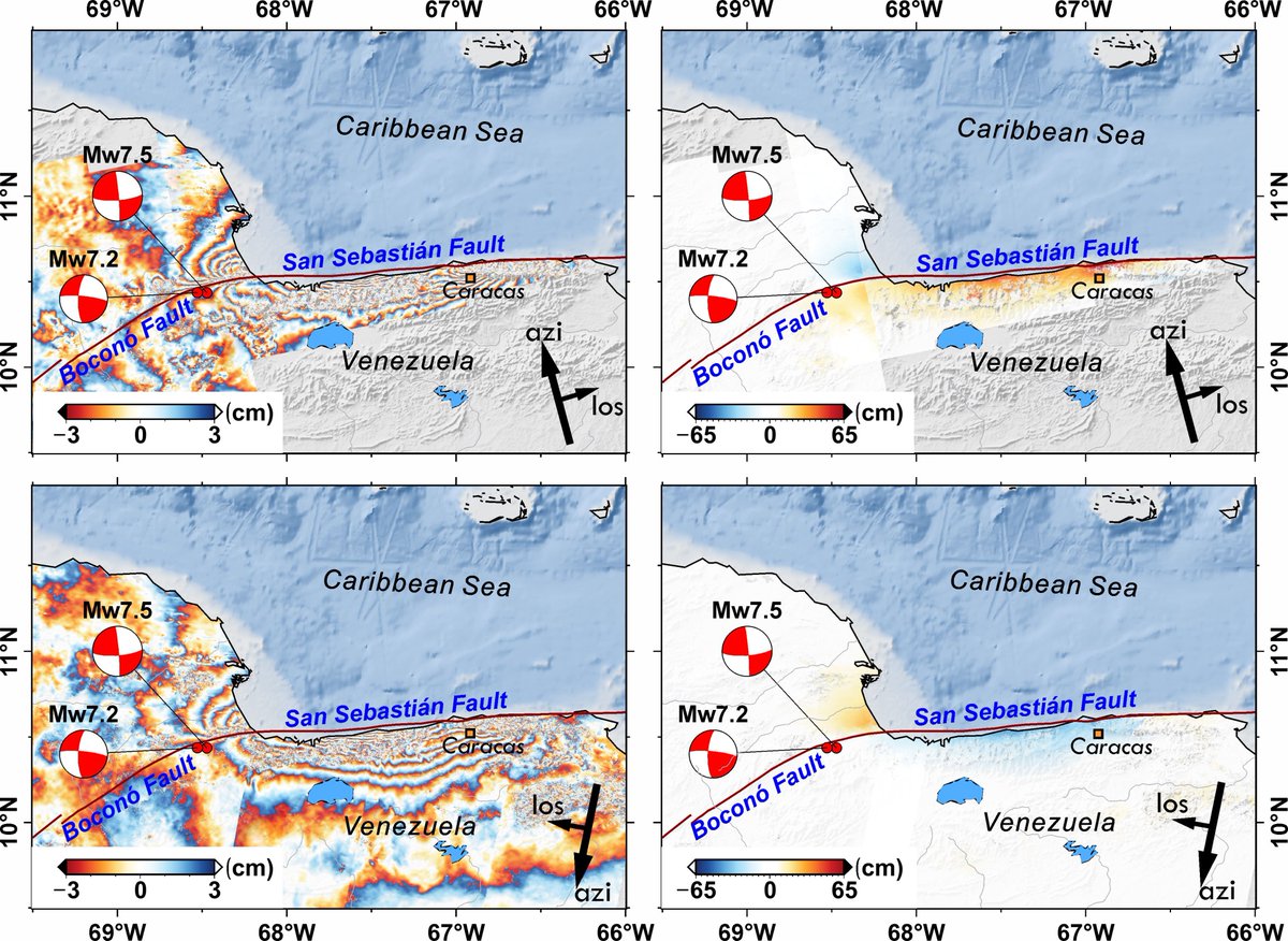 zhenjiangliu4's tweet photo. Four Sentinel-1 #InSAR tracks for the 2026 #Venezuela doublet #earthquake. Deformation is mainly distributed along the Boconó–San Sebastián fault, with a relatively simple pattern. A complex rupture process remains possible, but needs further seismic modelling. https://t.co/EpidQAceQ2