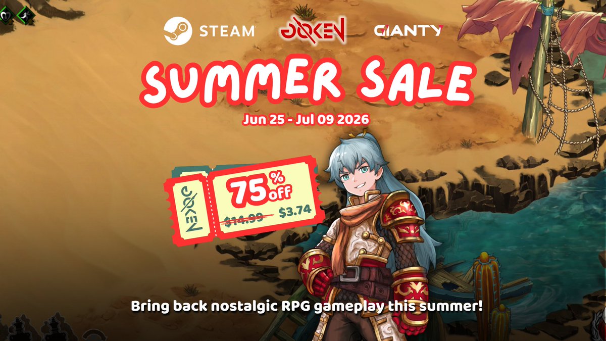 giantyglobal's tweet photo. ⚔️ Relive the magic of classic action RPGs with #GOKEN !

A nostalgic fantasy adventure is waiting for you—and now it's 75% OFF during the @Steam  Summer Sale.

💰 Only $3.74
📅 Jun 25 – Jul 9
🎮 Start your adventure today!

#GOKEN #SteamSummerSale #ActionRPG #IndieGame https://t.co/ugsBr71pZw