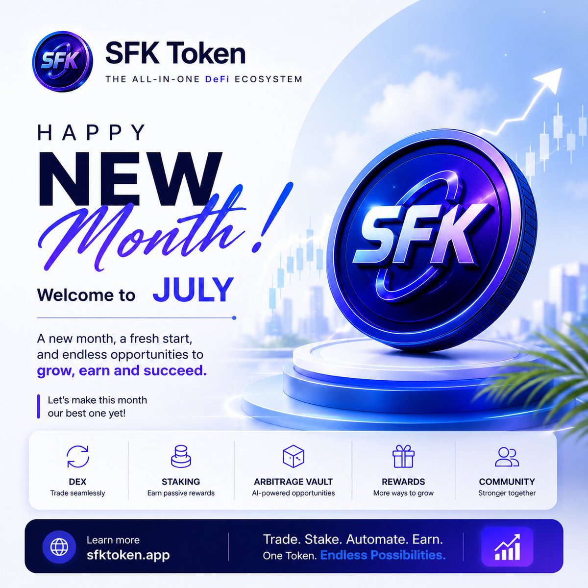 SFKtoken's tweet photo. Happy July from all of us at SFK! 

Here's to a month filled with success, prosperity, and endless possibilities.

Trade. Stake. Automate. Earn. 🚀 https://t.co/ElH8eno8kN