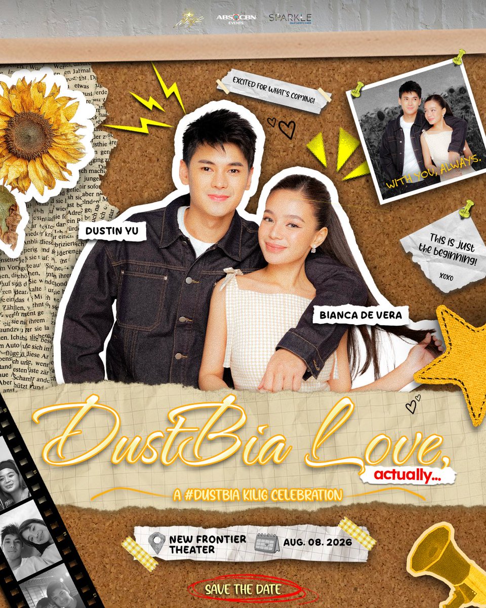 ABSCBNpr's tweet photo. POV: Your favorite ship just announced a whole kilig celebration 🥳 

'DustBia Love, Actually' is officially happening! 💛

📍 New Frontier Theater
📅 August 8, 2026

Main character energy? ✅
Butterflies? ✅

#DustBiaLoveActually #ABSCBNEvents #StarMagic #Sparkle https://t.co/WG00Zz5j4b