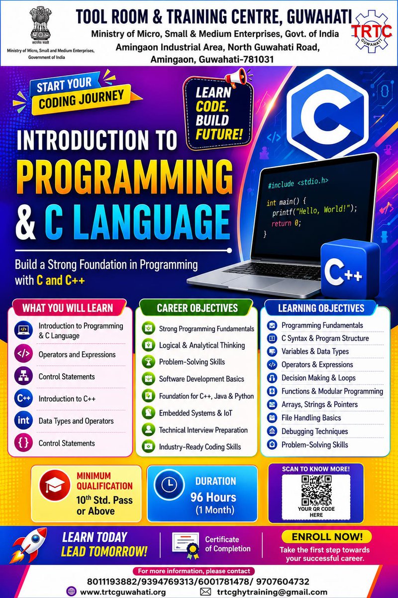 ghytrtcminmsme's tweet photo. Tool Room & Training Centre (TRTC), Guwahati is offering an Introduction to Programming & C Language course. All interested candidates are requested to register by filling out the Google Form link https://t.co/vHHTNL8YmC #MyMSME #DCMSME #minmsme #MSMEIndia #clanguage https://t.co/KEfX6hLyRc