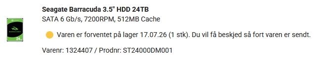 MartinRefseth's tweet photo. I ordered a 24TB drive back in December, every week they keep pushing the "expected in stock" back a week, i get the feeling i'll never get this drive. https://t.co/xQxEWHOvFq