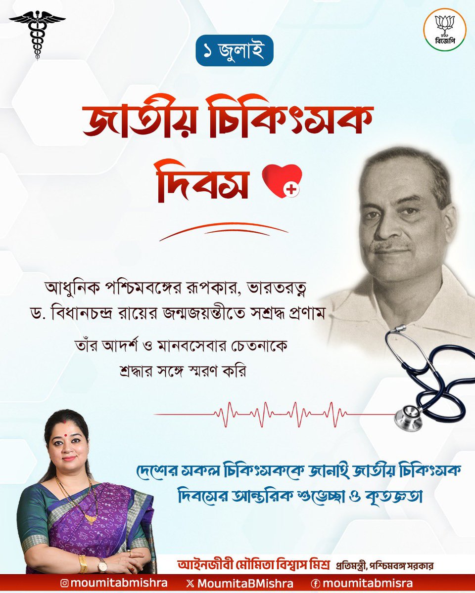 moumitabmisra's tweet photo. Tributes to Bharat Ratna Dr. Bidhan Chandra Roy, former Chief Minister of West Bengal and a visionary architect of modern Bengal, on his birth anniversary.

On National Doctors’ Day, heartfelt greetings and sincere gratitude to all doctors for their selfless service, compassion, and unwavering commitment to humanity.