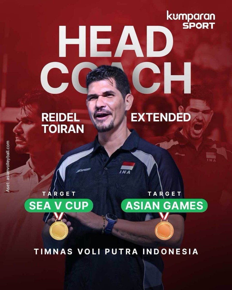 dly_volleyball's tweet photo. Setelah dipermanenkan menjadi head coach, PBVSI memasang target baru untuk Reidel Toiran di event selanjutnya.

SEA V.Cup - 🥇 Juara
Asian Games - 🥉 Perunggu

Gimana? 👀

📷 IG https://t.co/7K9xpAFNwT https://t.co/RsLBuQYr1e