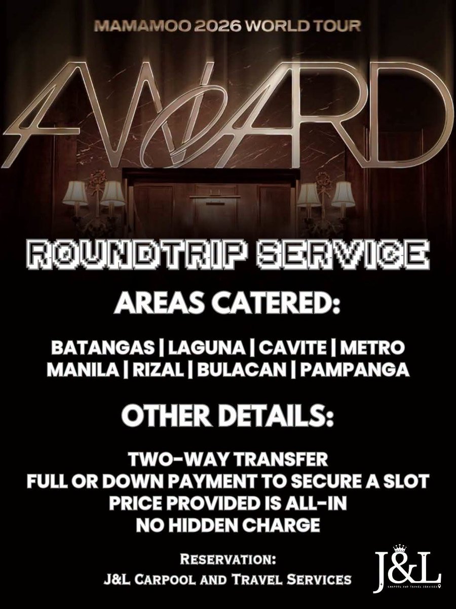 jandlcarpool's tweet photo. Carpool ~ roundtrip service for #MAMAMOO  is ongoing!  🎤

MAMAMOO 2026 World Tour <4ward> in Manila

📍 Smart Araneta Coliseum
📅 August 8, 2026

BOOK HERE: https://t.co/QAkkMxvZrL

Metro Manila Rizal Bulacan Pampanga

#MOOMOO #MAMAMOO_2026_WORLD_TOUR #MAMAMOO2026 https://t.co/jk4a34xFS2