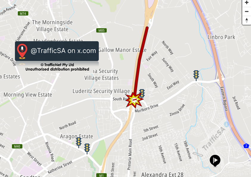 TrafficSA's tweet photo. JHB - M1 South https://t.co/tQGjY7pluo