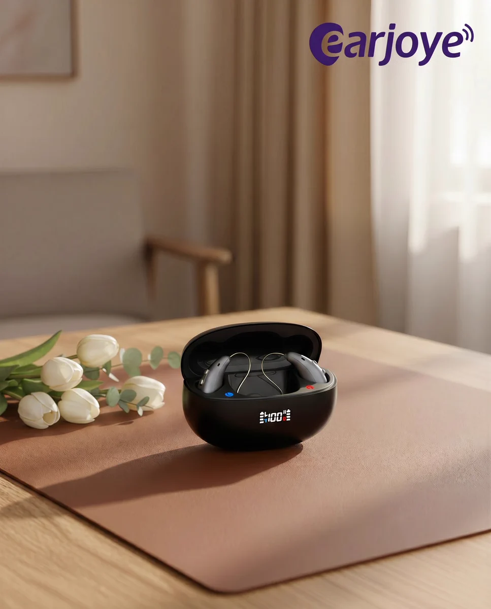 Earjoye Auris X3 hearing aids in a charging case with infrared drying and UV disinfection features.