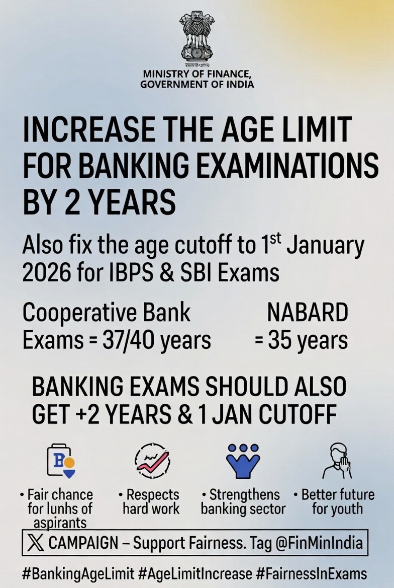 subhajitx1's tweet photo. Thousands prepare for years only to be rejected for being slightly over age.
Make 1st January the cutoff for every Bank Exam + grant 2 years age relaxation. Fairness for aspirants.
#FixIBPSAgeCutoffTo1stJan #EqualOpportunity @DFS_India @PMOIndia @ibps_official @FinMinIndia https://t.co/5jQSUccvWB