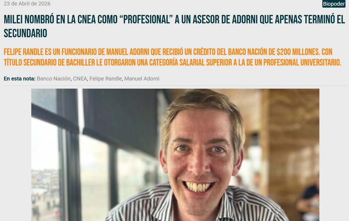 EncuentroDePat3's tweet photo. Felipe Randle solo tiene un título de bachiller y es funcionario de la CNEA nombrado en abril para hacer el trabajo sucio de depedir a los profesionales de la @CNEA_Arg https://t.co/KGrhfgI4TL
