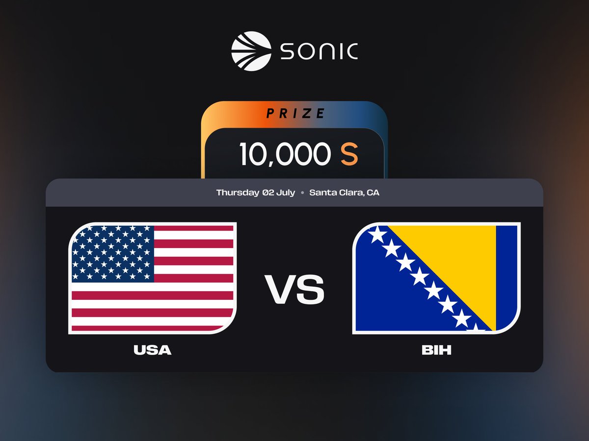 SonicLabs's tweet photo. The Sonic World Cup Challenge is back for another round! 🏆

This week's highlighted game is between the United States and Bosnia and Herzegovina.

Who will move on to the Round of 16?

Guess the outcome down in the comments to enter the draw to win 10,000 $S.

Good luck! 🫡 https://t.co/us6QuStfJd