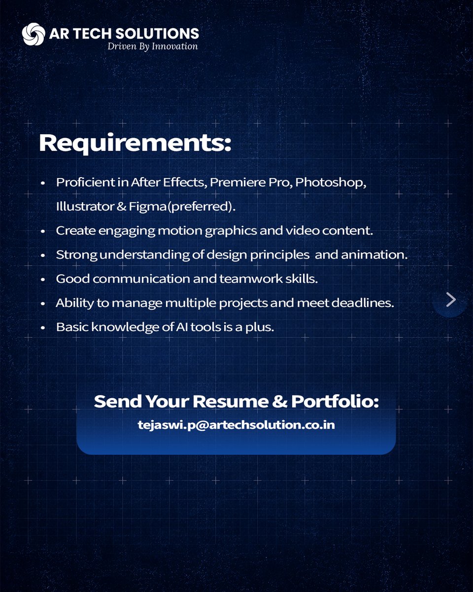 artechsolutions's tweet photo. Join Our Creative Team!
We're hiring a Motion Graphic Designer with 1–2 years of experience.
📍 Hyderabad (On-site)
📩 Share updated resume &amp; Portfolio:
tejaswi.p@artechsolution.co.in

#HiringNow #MotionGraphicDesigner #ARTechSolutions #Hyderabad https://t.co/oTCwzAkxOi