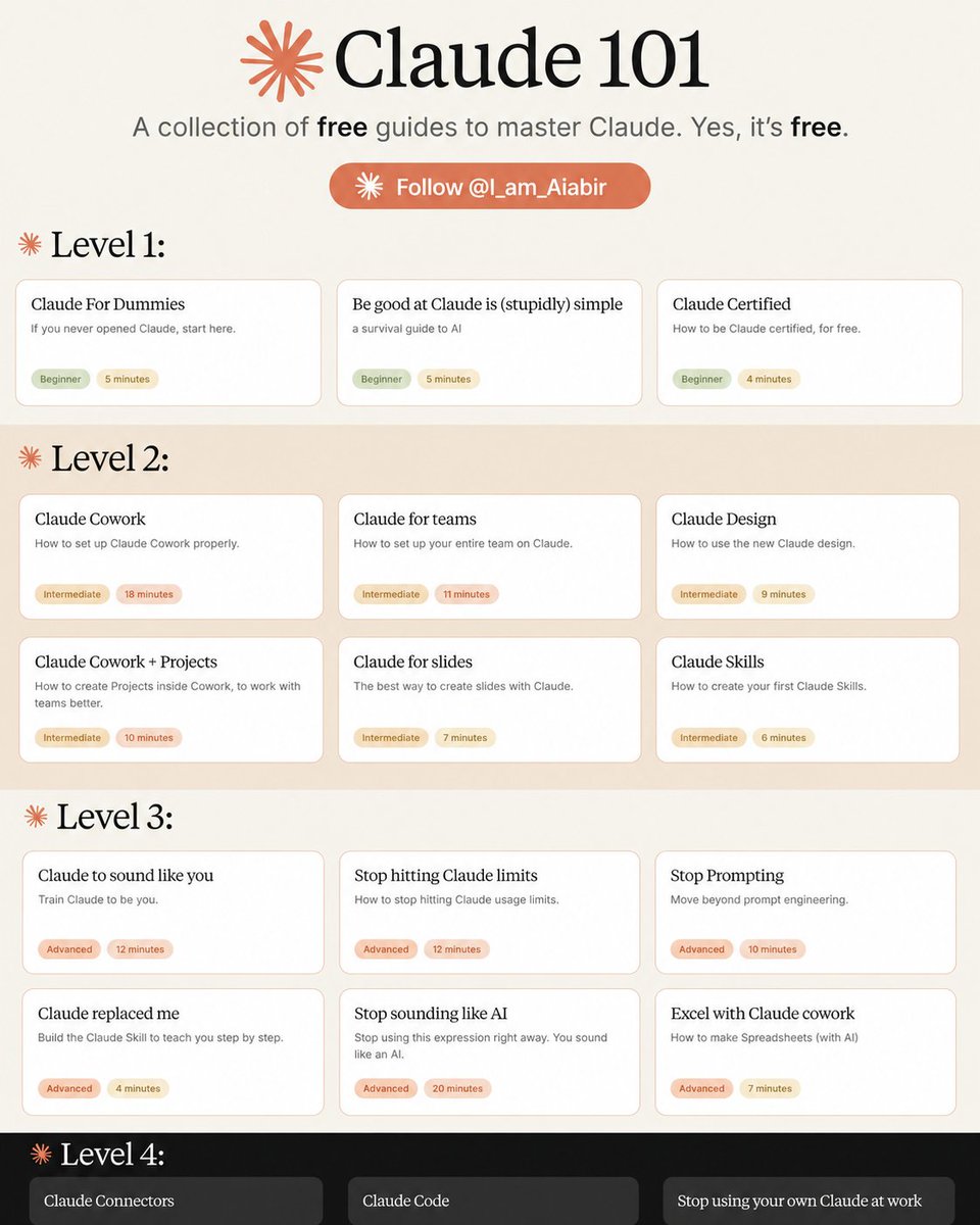 I_am_Aiabir's tweet photo. Instead of watching Netflix tonight. 
 mastering Claude here: https://t.co/MIa470ozfc
→ Level 1 - 24 min: The basics.
Claude For Dummies: https://t.co/wLNt3k4ZAE
Claude Certified: https://t.co/wZIJX19wXn…
Stupid simple Claude: https://t.co/dx987jPIlx.
Follow @I_am_Aiabir https://t.co/92R67YUb8L