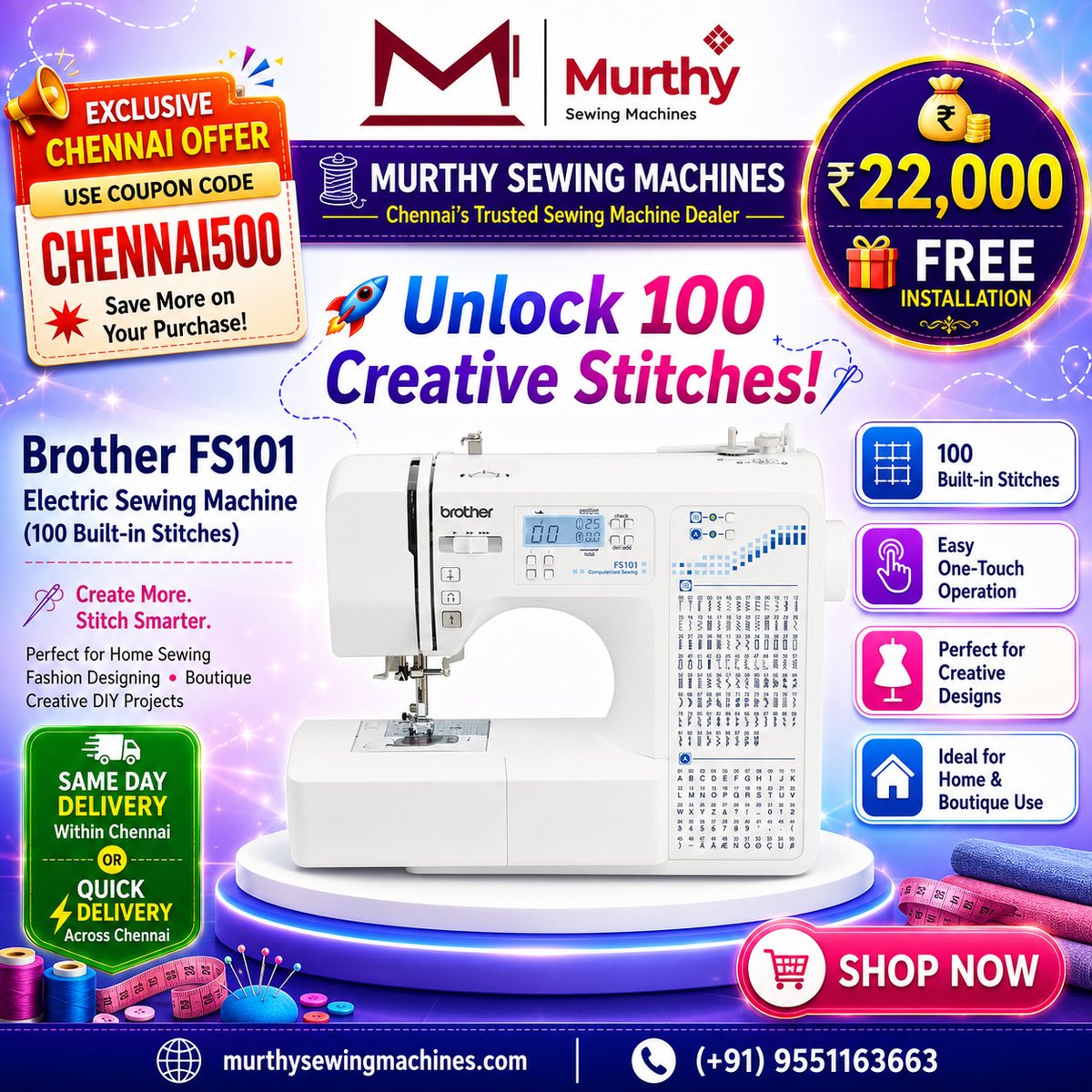 murthysewing's tweet photo. ✨ Unlock 100 Creative Stitches with the Brother FS101 Electric Sewing Machine!
#BrotherFS101 #BrotherSewingMachine #ElectricSewingMachine #SewingMachine #ComputerizedSewingMachine #BrotherIndia #MurthySewingMachines #Chennai #SewingMachineDealer #SewingMachineShop https://t.co/RAlAfPqSmX